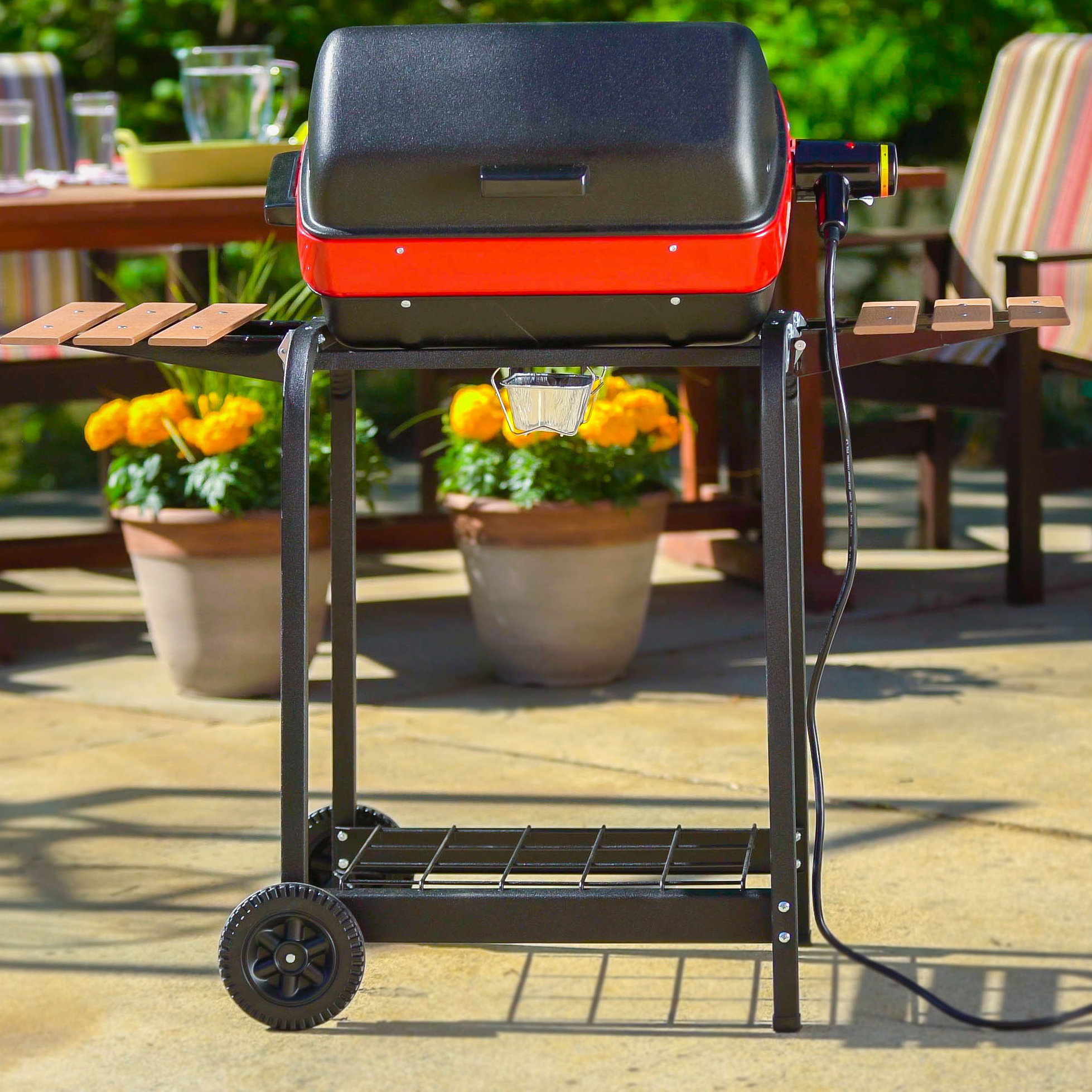 Meco Easy Street Electric Cart Grill with Folding Side Tables, Shelf
